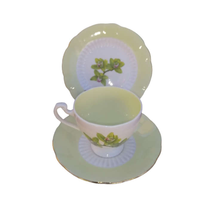 Roslyn Fine Bone China Yellow Orchid Cup and Saucer Plate Trio