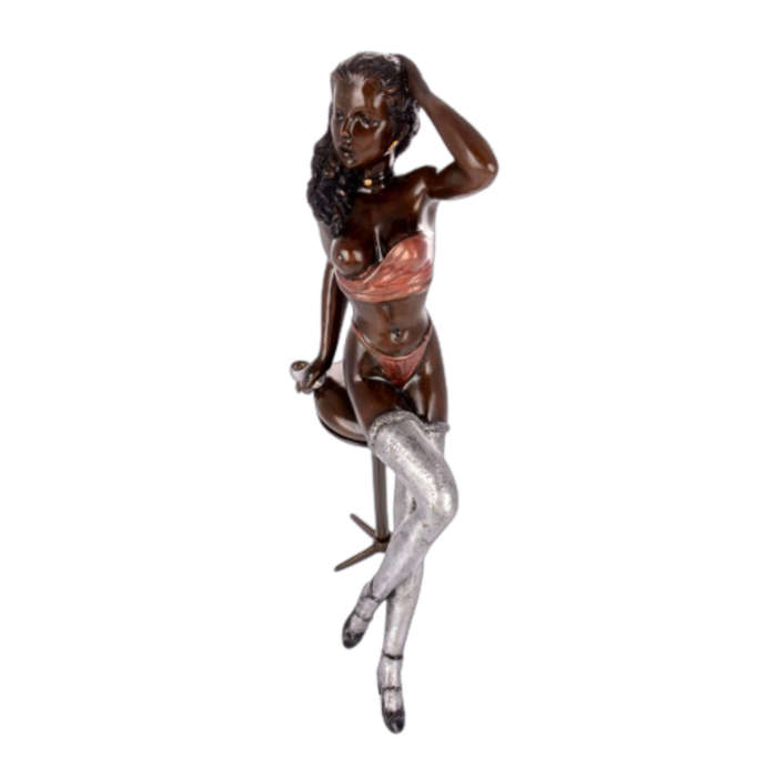 Stunning Erotic Bronze Sculpture of Nude Lady on stool