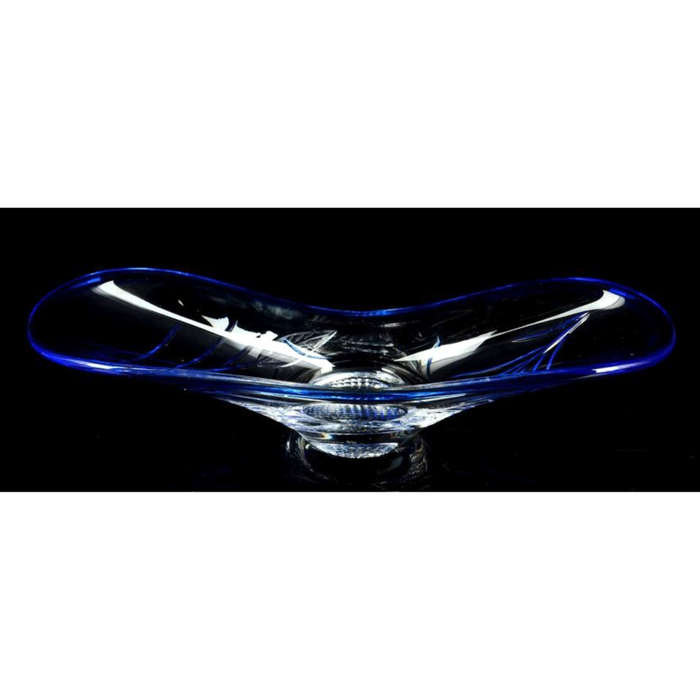 Stunning Large Cut Glass boat shaped bowl with etched leaf design with cobalt blue rim