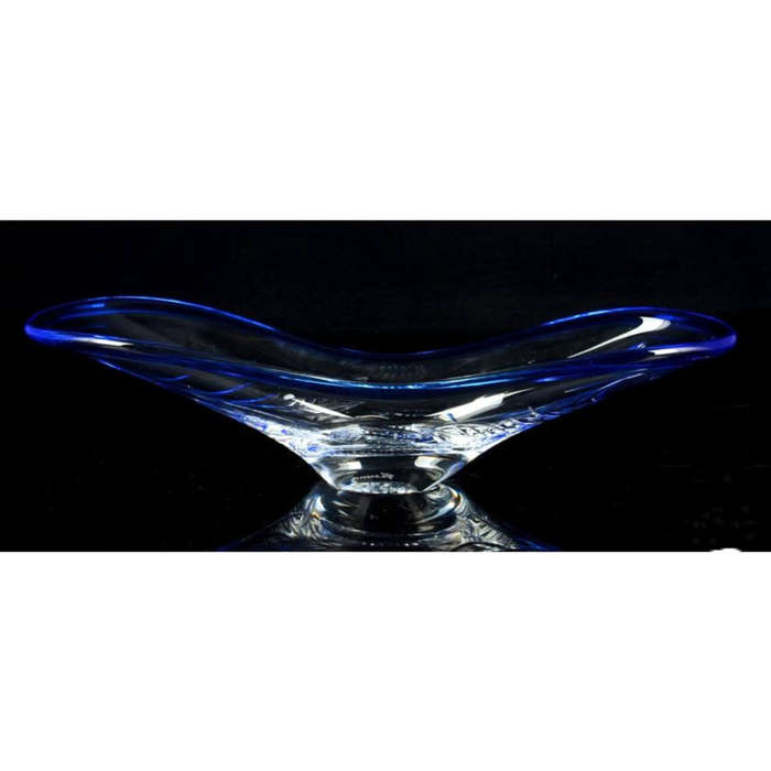 Stunning Large Cut Glass boat shaped bowl with etched leaf design with cobalt blue rim