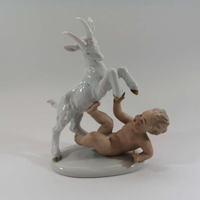 Early 20th century German Wellendorf Porcelain Figurine Bisque Putti with Billy Goat