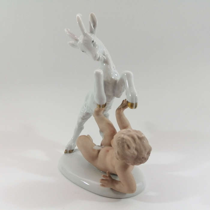 Early 20th century German Wellendorf Porcelain Figurine Bisque Putti with Billy Goat