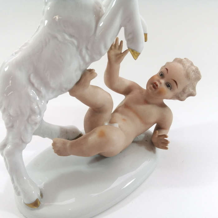 Early 20th century German Wellendorf Porcelain Figurine Bisque Putti with Billy Goat