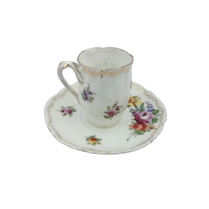 Dresden Porcelain Hand Painted Fluted Floral Coffee Cup and Saucer