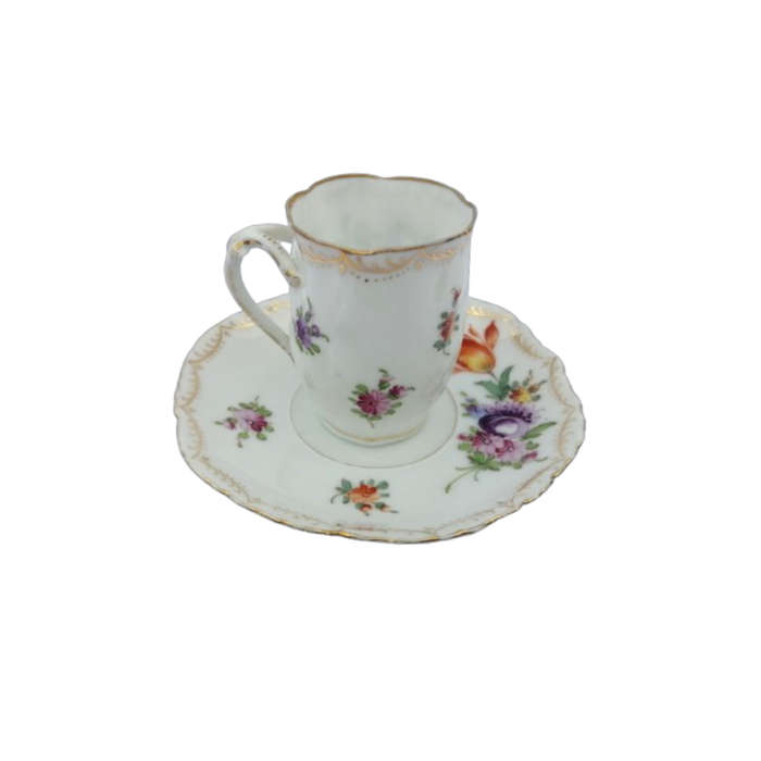 Dresden Porcelain Hand Painted Fluted Floral Coffee Cup and Saucer