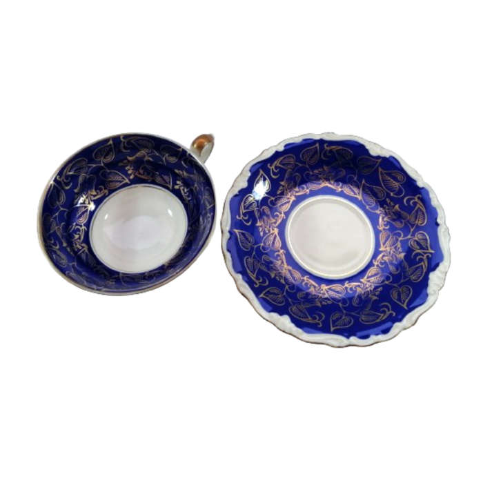 Alka Bavaria Porcelain Blue and Gold Tea Cup and Saucer Duo