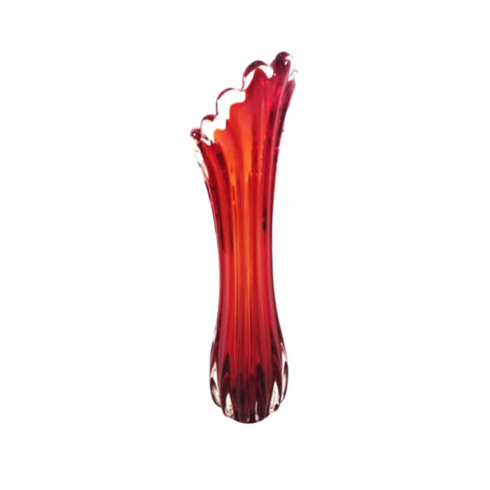 Murano Stunning Red and Orange tall vase with scalloped rim