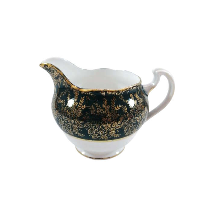 Cololough Bone China Milk Jug Gold Leaves on Forest Green