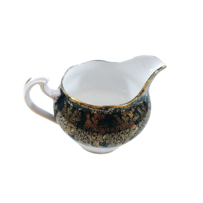 Cololough Bone China Milk Jug Gold Leaves on Forest Green
