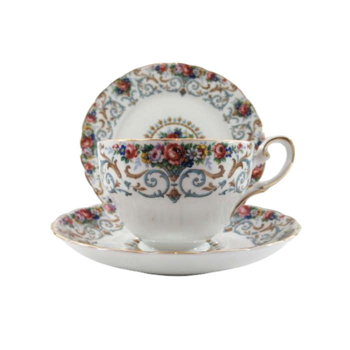 Tuscan Burgundy `Orleans` Teacup Trio Set - High Tea at Home