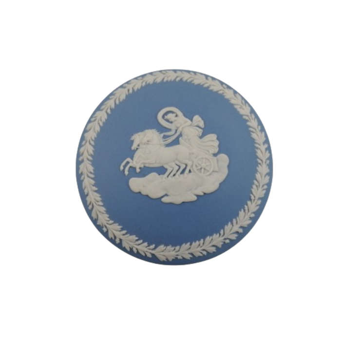 Wedgwood Jasper Blue Chariot and Horse Round Ribbed Lidded Pot