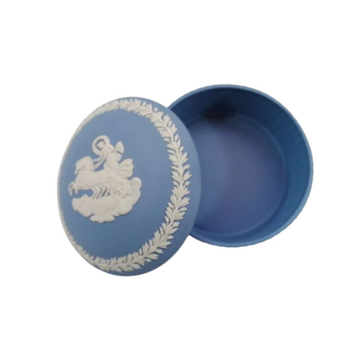 Wedgwood Jasper Blue Chariot and Horse Round Ribbed Lidded Pot
