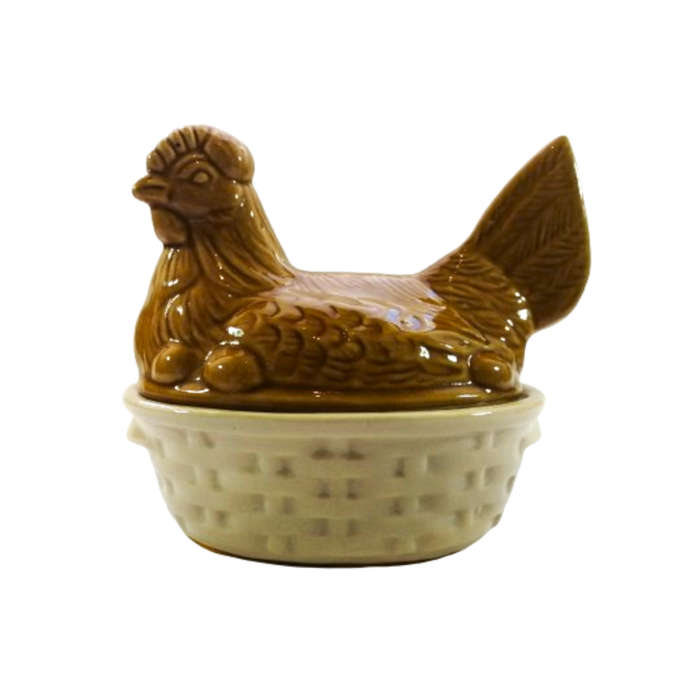 Large Vintage Orange Brown Glazed Chicken / Hen Nest Lidded Dish