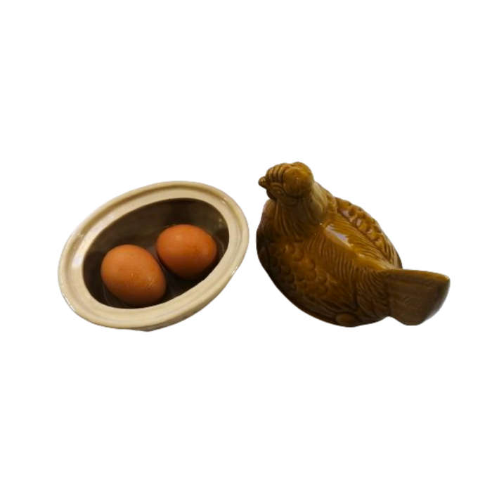 Large Vintage Orange Brown Glazed Chicken / Hen Nest Lidded Dish
