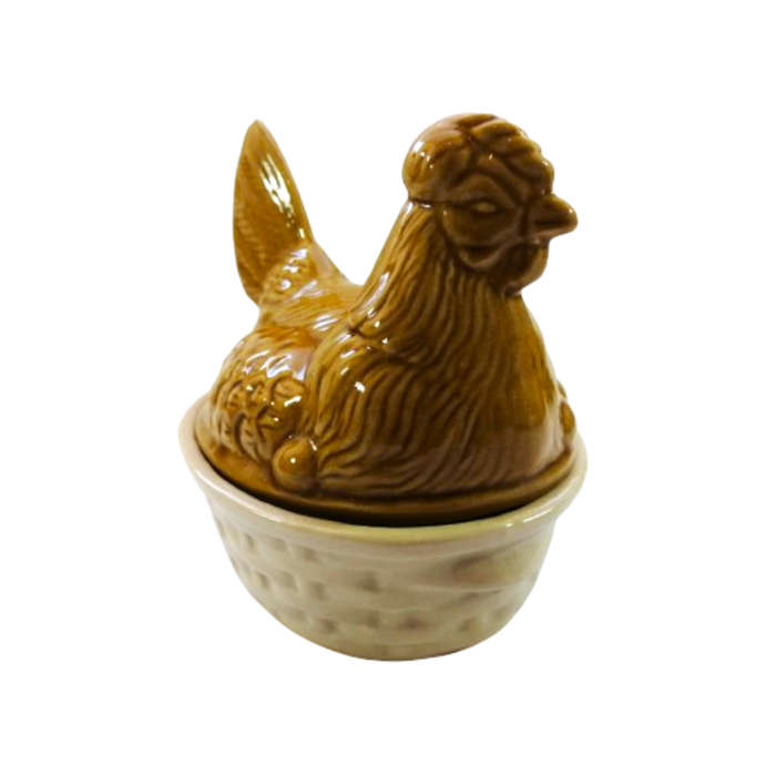 Large Vintage Orange Brown Glazed Chicken / Hen Nest Lidded Dish