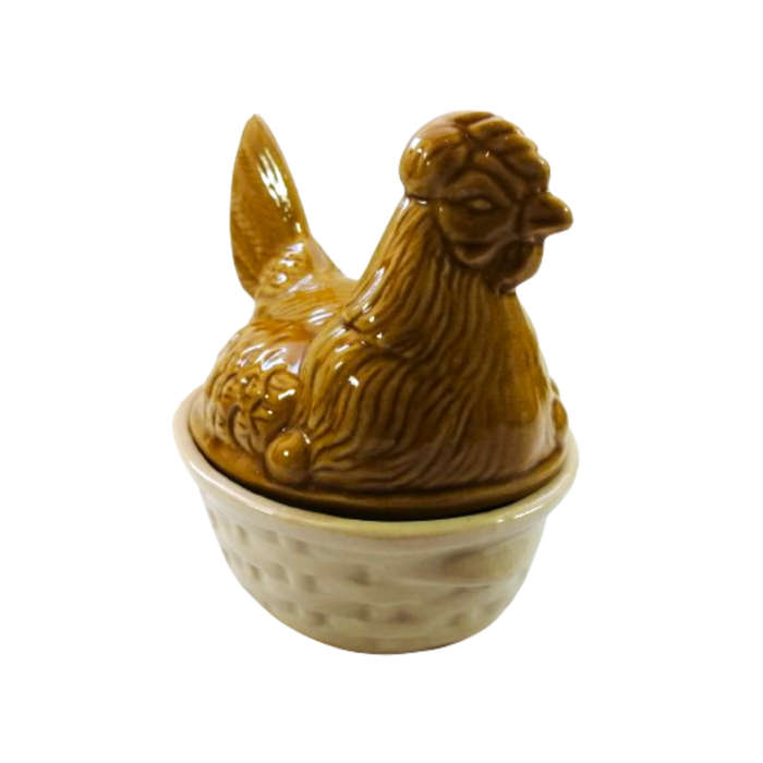 Large Vintage Orange Brown Glazed Chicken / Hen Nest Lidded Dish