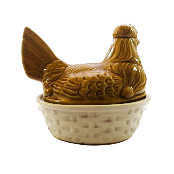Large Vintage Orange Brown Glazed Chicken / Hen Nest Lidded Dish