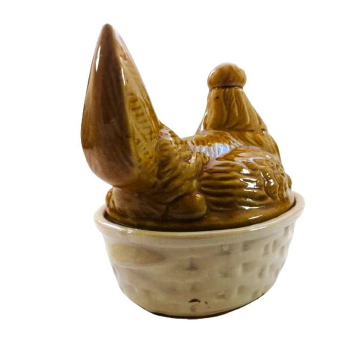 Large Vintage Orange Brown Glazed Chicken / Hen Nest Lidded Dish
