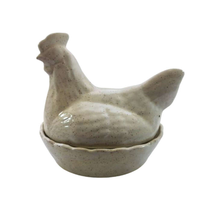 Large Vintage Cream Speckled Glazed Chicken / Hen Nest Lidded Dish
