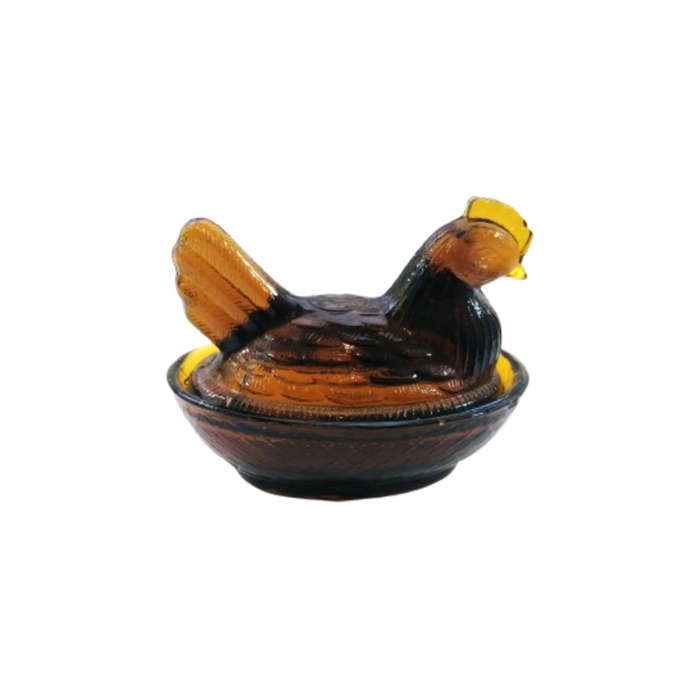 Vintage Dark Amber Pressed Glass Chicken / Hen Nest Lidded Dish
