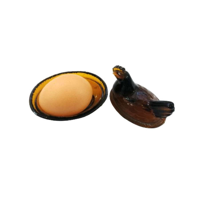 Vintage Dark Amber Pressed Glass Chicken / Hen Nest Lidded Dish