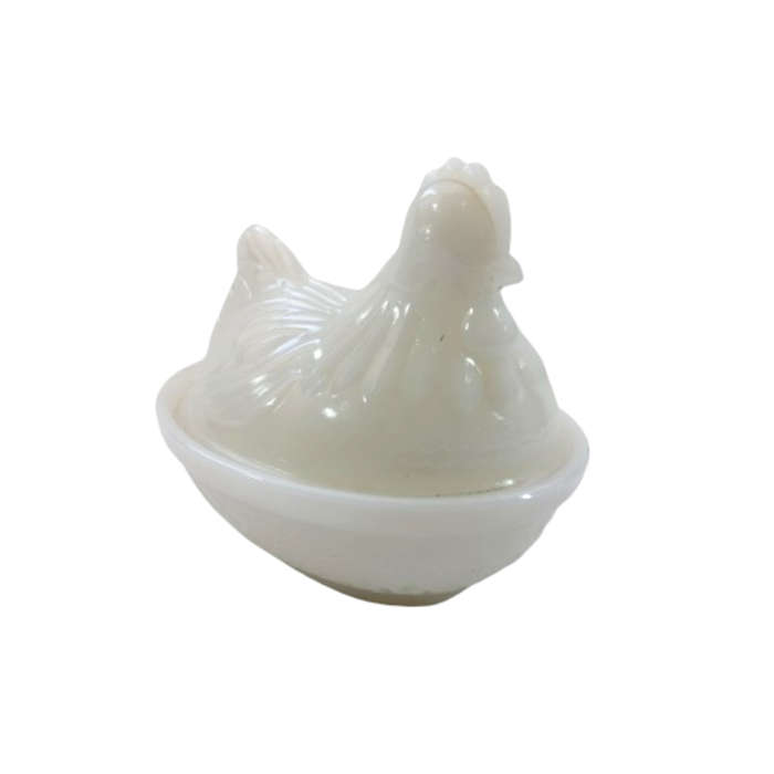 Vintage Milk White Pressed Glass Chicken / Hen Nest Lidded Dish