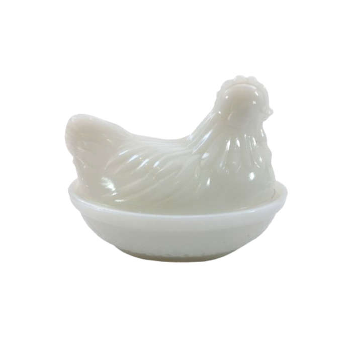Vintage Milk White Pressed Glass Chicken / Hen Nest Lidded Dish