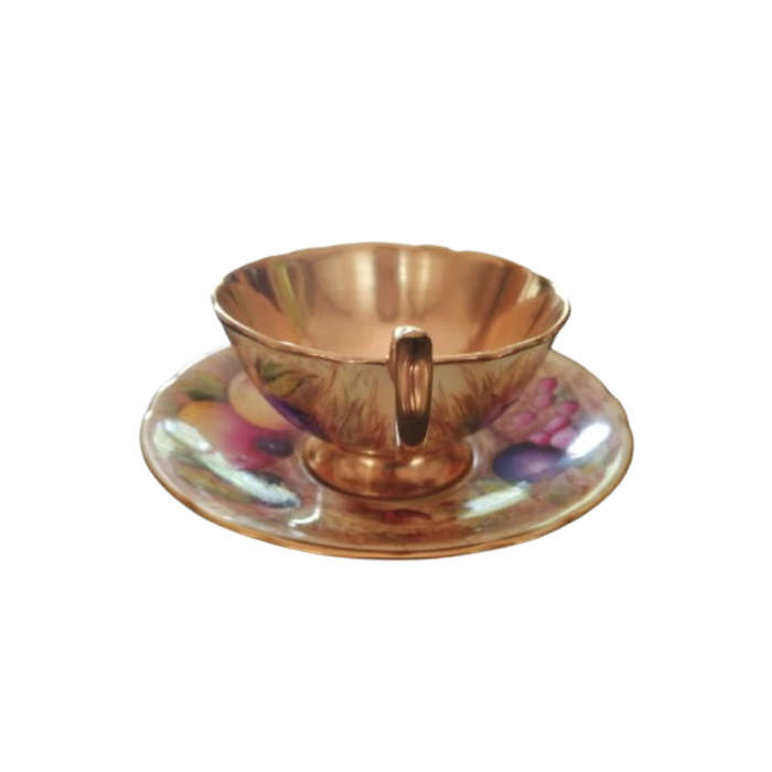 Aynsley Hand Painted Orchard Gold Fruit Cup and Saucer . Signed D. Jones.