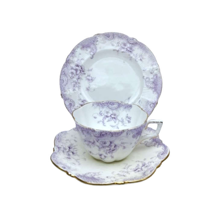 Antique Bone China White with Lilac Flowers Trio