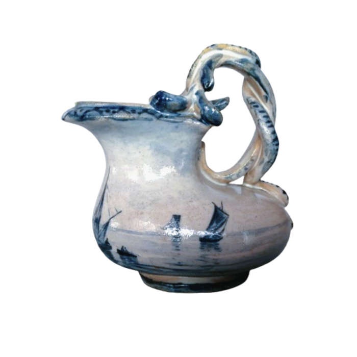 c.1800 Delft Blue Pottery Jug Snake Handle Windmill and Sailing ships