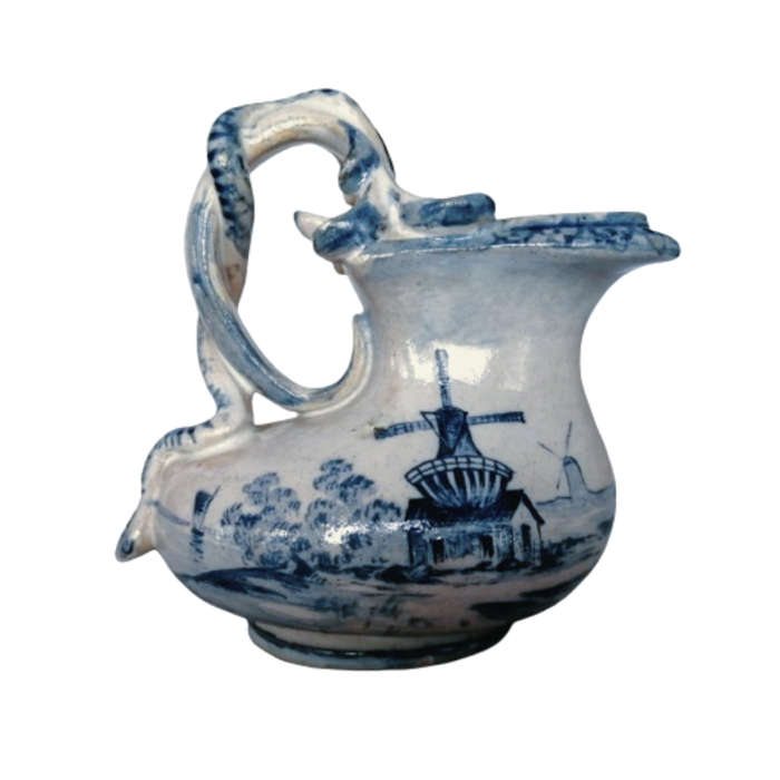 c.1800 Delft Blue Pottery Jug Snake Handle Windmill and Sailing ships