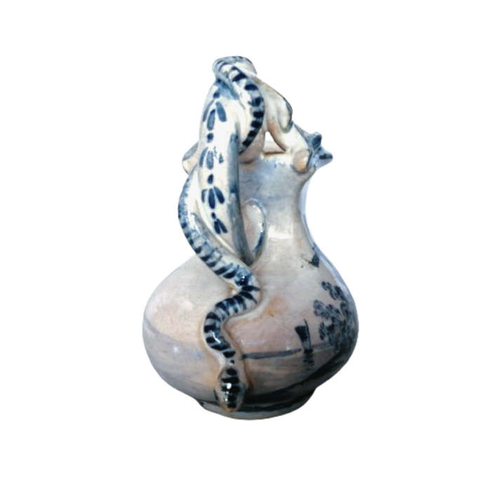 c.1800 Delft Blue Pottery Jug Snake Handle Windmill and Sailing ships