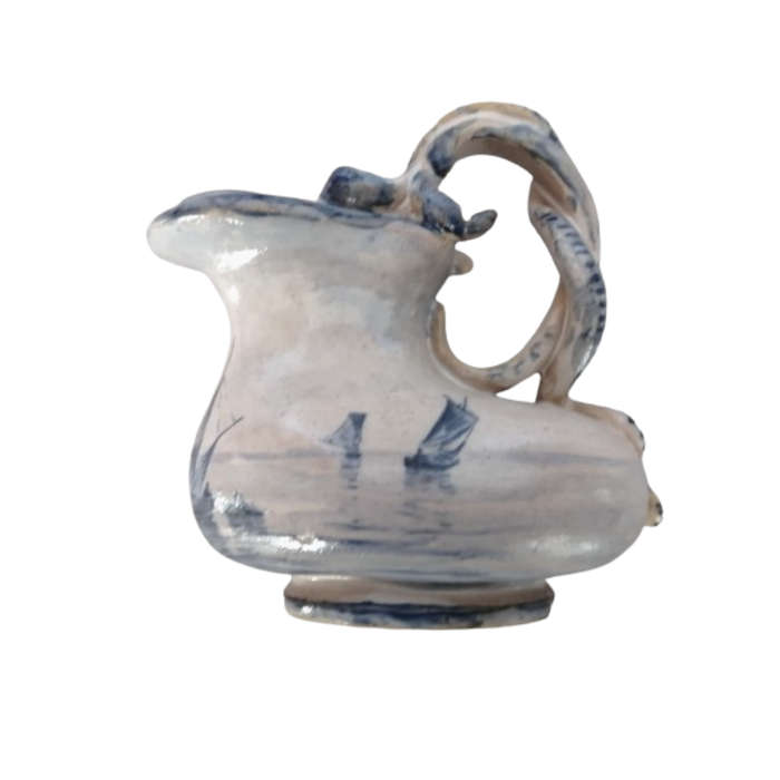 c.1800 Delft Blue Pottery Jug Snake Handle Windmill and Sailing ships