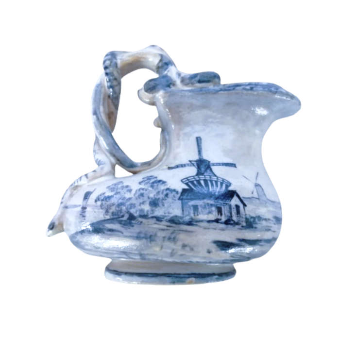 c.1800 Delft Blue Pottery Jug Snake Handle Windmill and Sailing ships