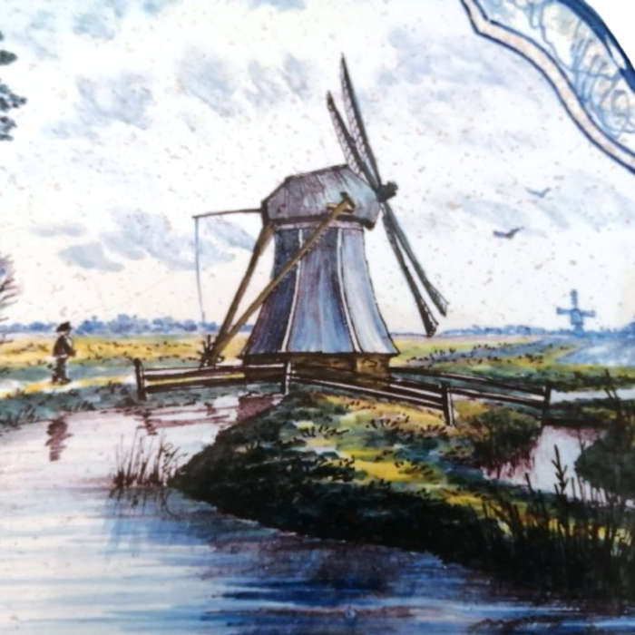 Antique Royal Tichelaar Makkum Majolica Dutch Windmill Plaque Plate Delft Blue