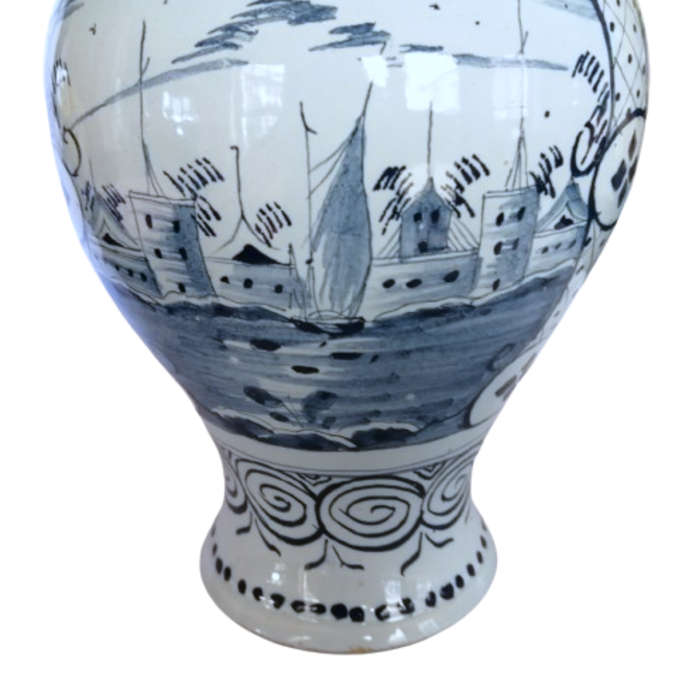 This beautiful Large c.1800 Delft Blue Pottery Vase Hand Painted Windmill