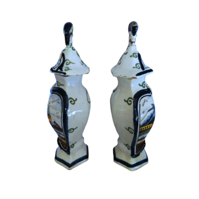 Pair Dutch Delft Polychrone Covered Vases Pottery Delft Garniture Vases with Parrots 19th