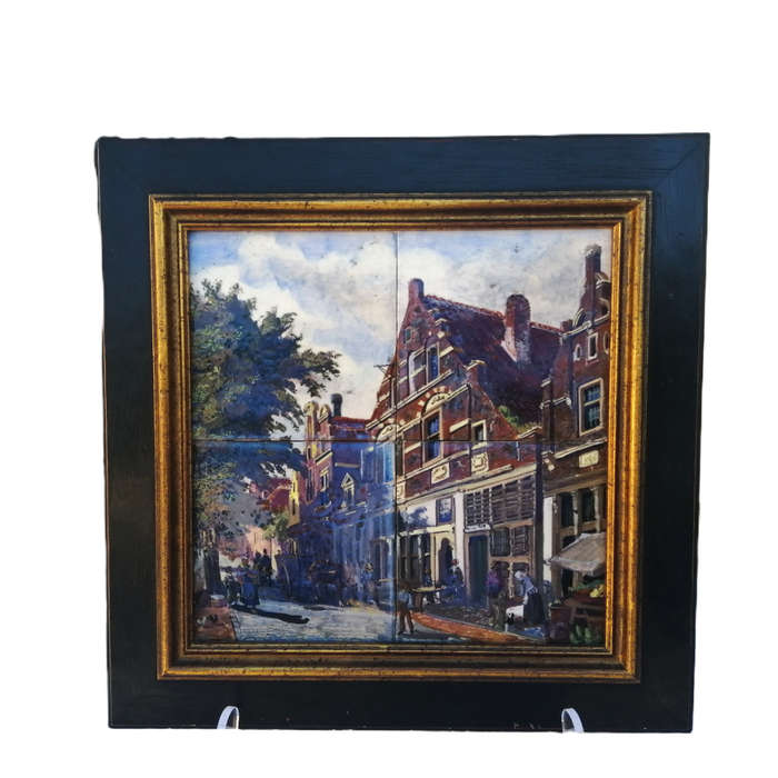 Framed Delft Polychrome Pottery c18`s Tiles Scene of Utrecht Jan Mynhef