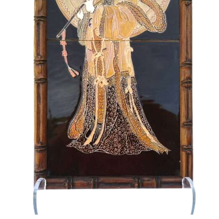 Framed Hand Painted Chinoiserie Majolica Ceramic Tile by Maw & Co