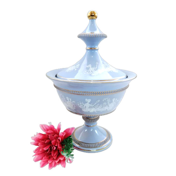 Italy Florentine Powder Blue Ceramic Compote Lidded Dish Greek Couple