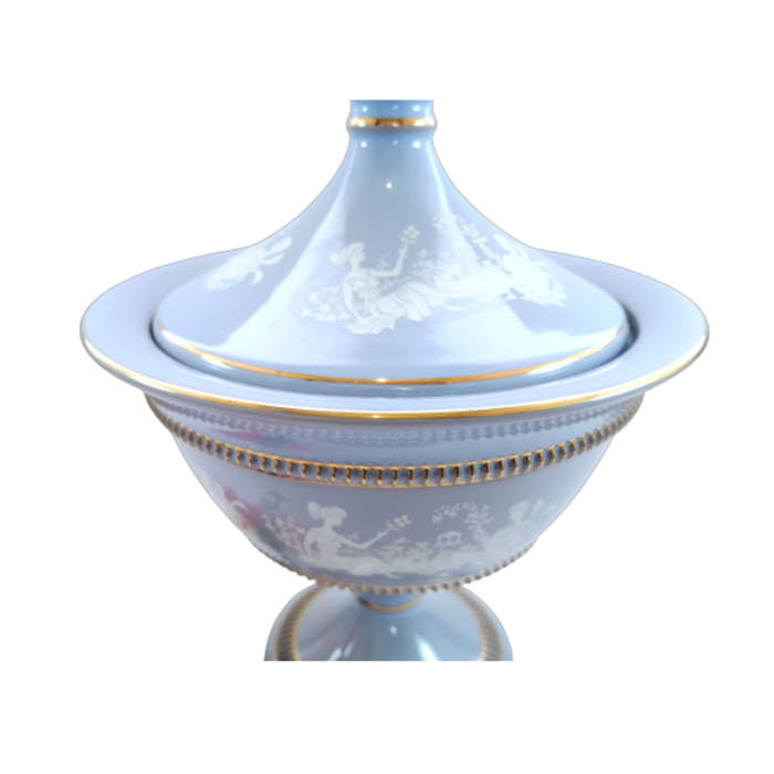 Italy Florentine Powder Blue Ceramic Compote Lidded Dish Greek Couple