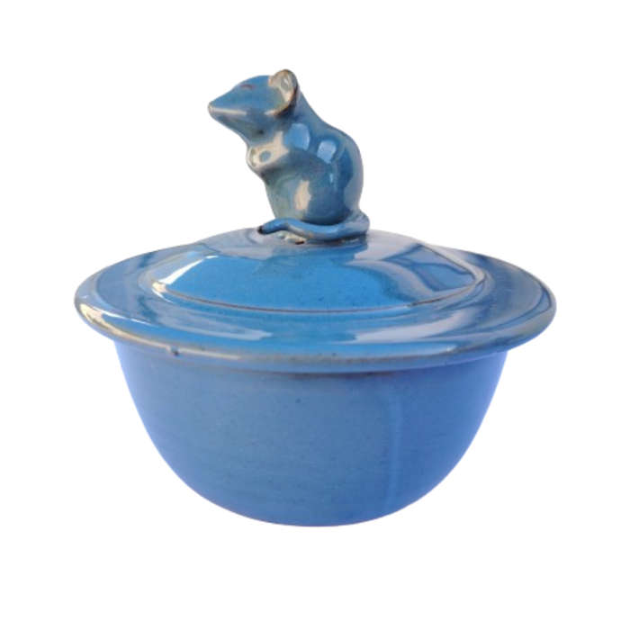 Blue pottery lidded dish with mouse on the top