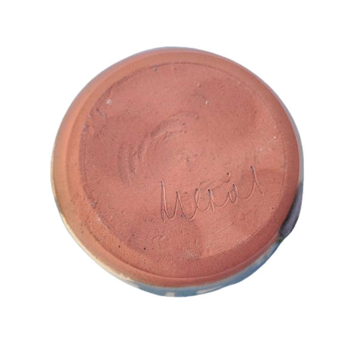 Blue pottery lidded dish with mouse on the top