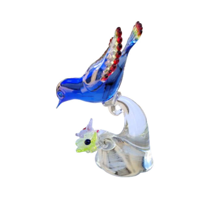Fantastic Art Glass colorful Blue Bird on Flowers