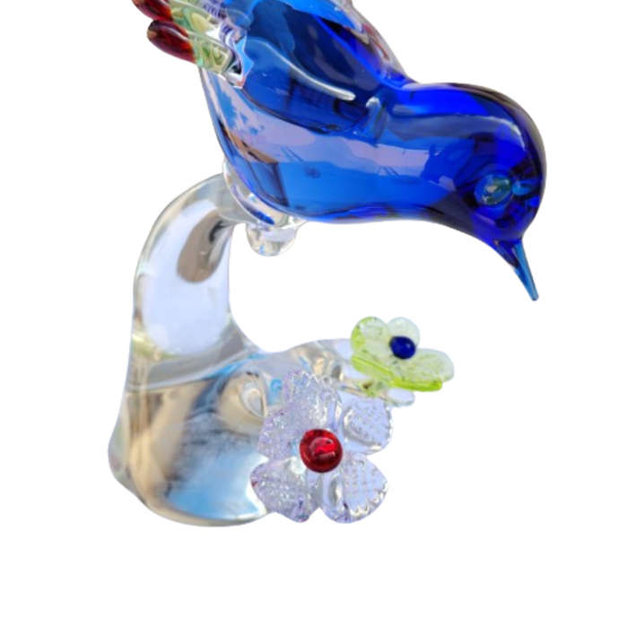 Fantastic Art Glass colorful Blue Bird on Flowers