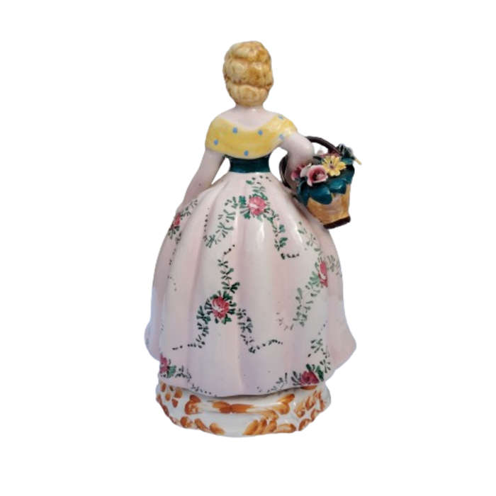 Made in Italy Porcelain Lady Figurine Floral Pink Dress and Basket of Flowers