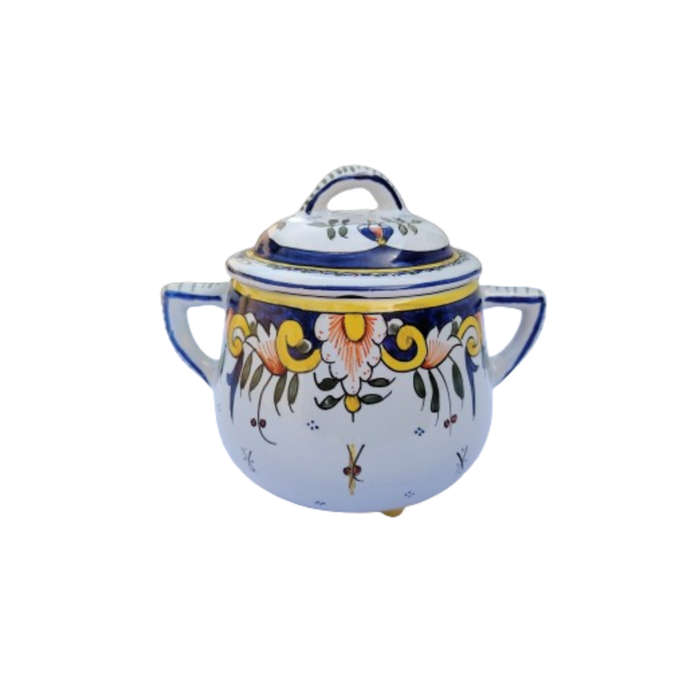 Vintage Vieux Rouen Jar Lidded Pot French Faience Hand Decorated