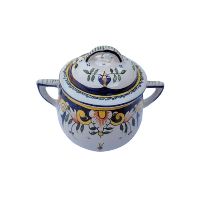 Vintage Vieux Rouen Jar Lidded Pot French Faience Hand Decorated