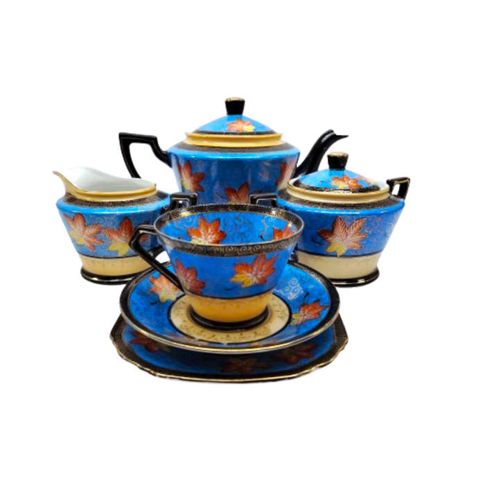 Blue cream and gold porcelain Coffee set Tea set with leaf decoration