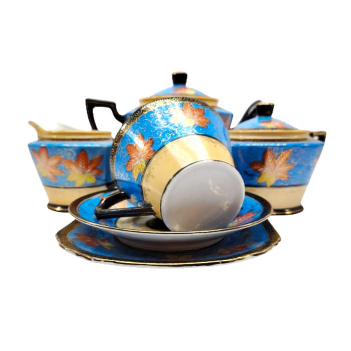 Blue cream and gold porcelain Coffee set Tea set with leaf decoration
